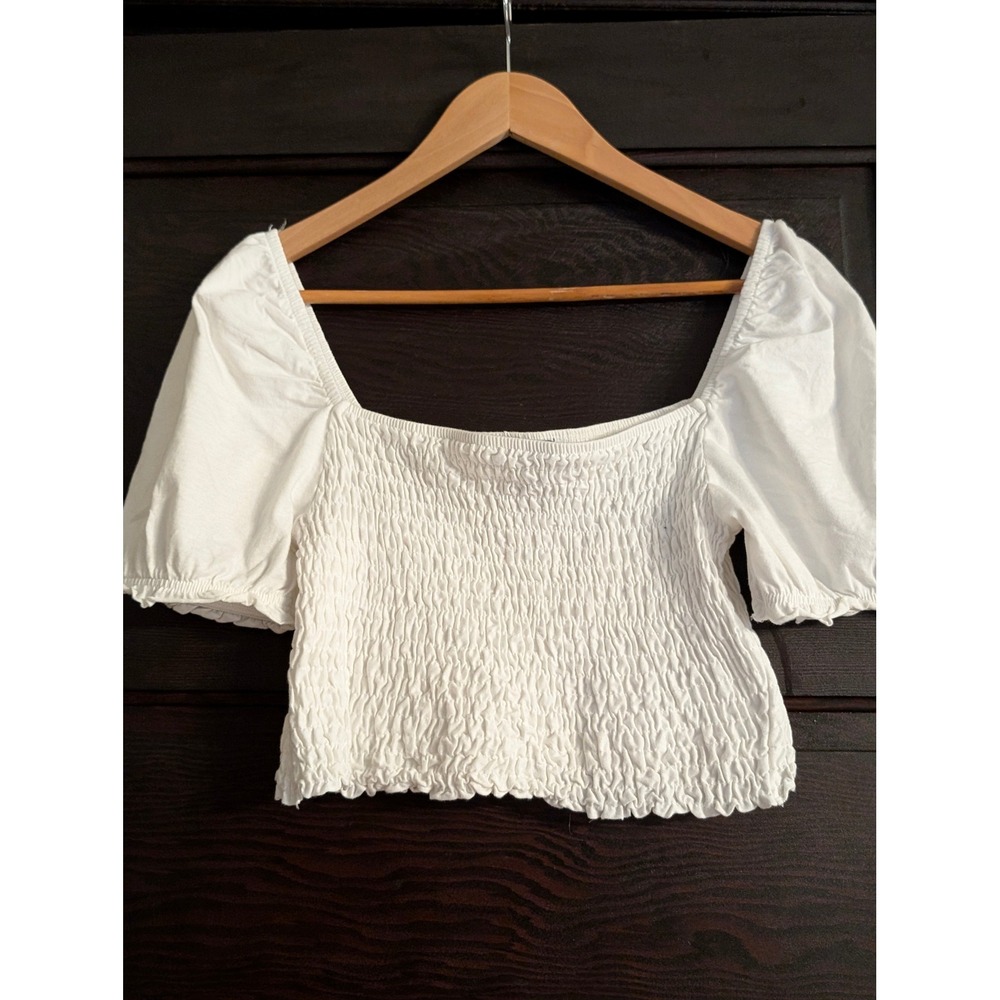 Urban Outfitters White Smocked Puff Sleeve Crop Top Milkmaid Boho Square Neck L